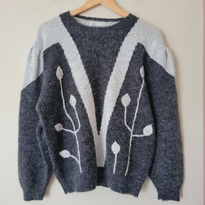 Vintage 90s Grey Knit Puff Sleeve Sweater Beaded Detailing Floral Size Large